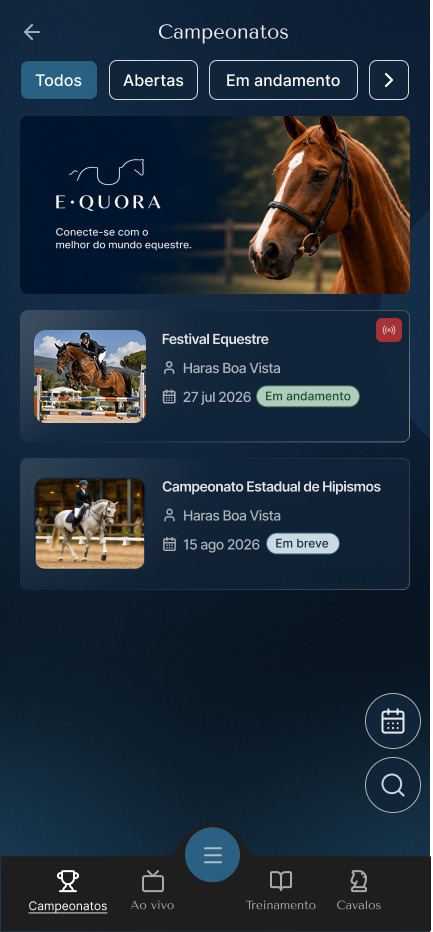 Tela de campeonatos do aplicativo Equora Hub: filtros por status, banner da marca, o Campeonato Estadual de Hipismos marcado como Em breve e o menu inferior com Campeonatos, Ao vivo, Treinamento e Cavalos.